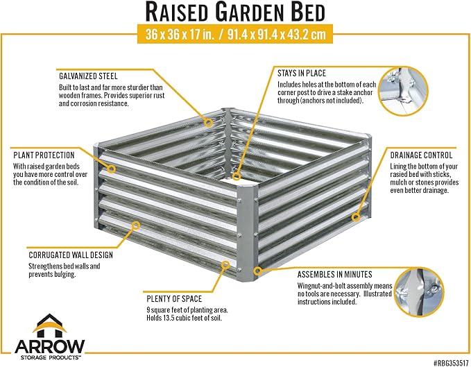 Arrow Sheds GrowIT Galvanized Steel Raised Flower and Plant Bed for The Garden or Greenhouse 36 x 36 x 17