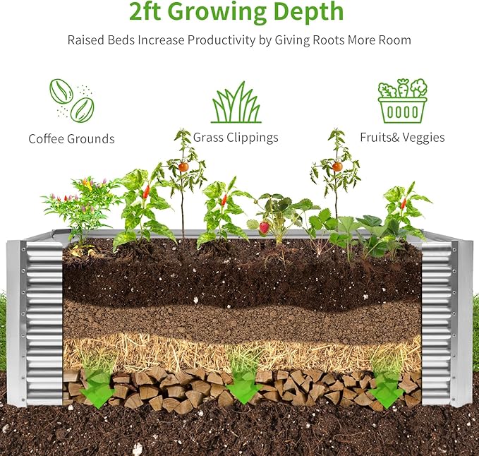 Land Guard 6×3×2 ft Galvanized Metal Raised Garden Bed 2FT Deep Root Elevated Planter Box Steel Large Vegetable Flower Bed Kit（Silver）