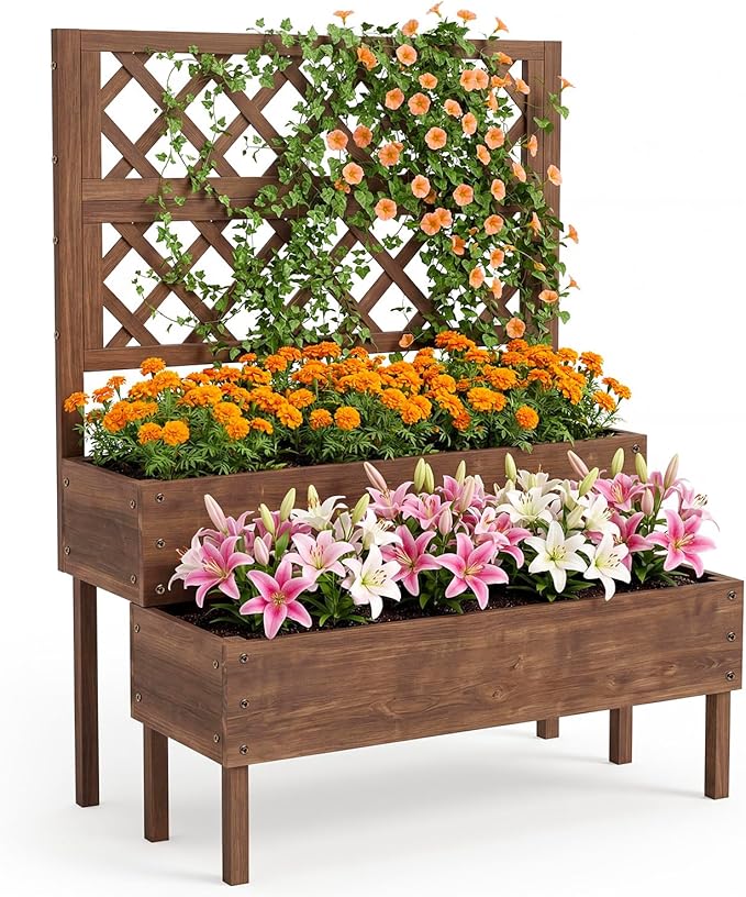 GarveeLife Wood Planter Box with Trellis 41.93x22.44x52.95 Tall Raised Garden Bed with Drainage Holes Vertical Flower Stand for Patio Horticulture Brown