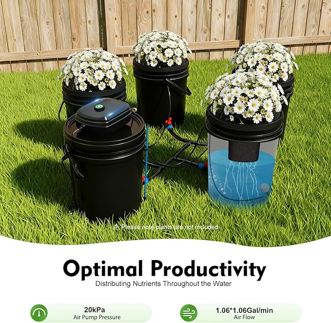 DWC Hydroponics Grow System 5 Gallon 5-Bucket Deep Water Culture Growing Bucket with Pump Air Stone and Connected Reservoir DWC Hydroponic System Kit for Growing Plants Indoors and Outdoors