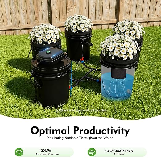 Hydroponic System 5 Gallon 5 Buckets - Recirculating Deep Water Culture Kit w/12W Air Pump 4×4L/min Air Stone 6m Hose &amp Water Level Device for Indoor/Outdoor Leafy Vegetables Black