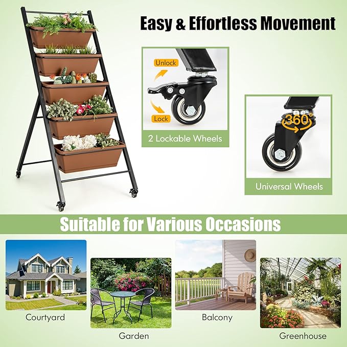 HAPPYGRILL Vertical Raised Garden Bed 5-Layer Freestanding Garden Planter with Drainage Holes Container Boxes Elevated Planter Box for Herb Vegetable Flower Growing (2 Brown)