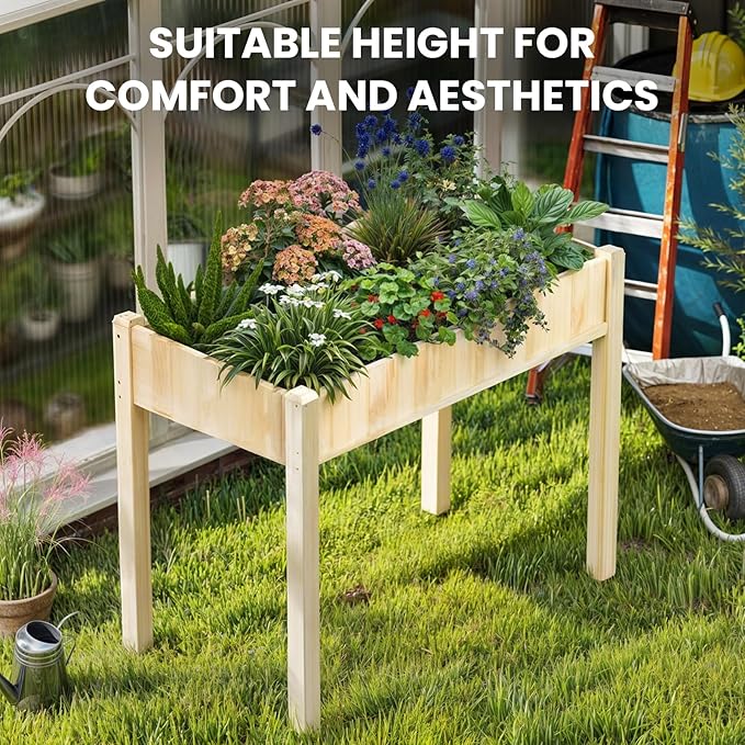 OLIXIS 48x 24x 30in Raised Garden Bed - Natural Wood Elevated Planter Box with Non-Woven Liner 300lb Capacity - Perfect for Backyard Patio Balcony Gardening(Light Yellow)