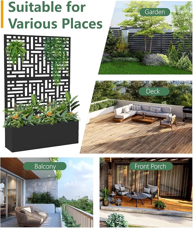 Metal Planter Box with Trellis70.9x47.2x15.7 Raised Garden Bed with Drainage Holes Privacy Planters for Outdoor Garden Bed for Climbing PlantsVegetablesand Vines2PCSBlack-Modular