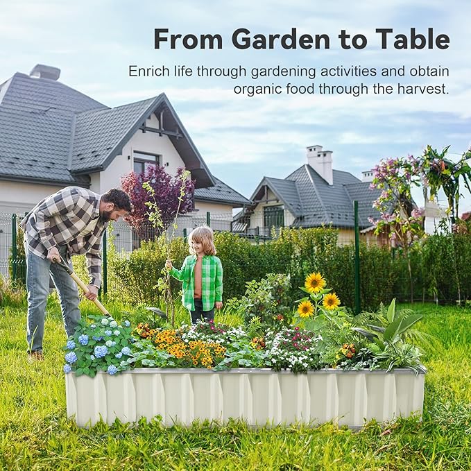 KING BIRD Raised Garden Bed 68x 36x 12 Galvanized Steel Metal Outdoor Garden Planter Box Kit with 2 Pairs of Gloves (Ivory)