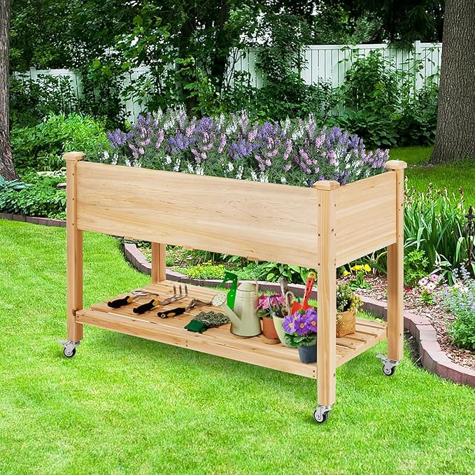 LDAILY Raised Garden Bed Wood Flower Bed on Wheels with Study Legs &amp Storage Shelf Outdoor Planter Box with Bed Liner for Flowers/Vegetables/Fruits in Yard Patio 47.5 L X 23.5 W X 33 H