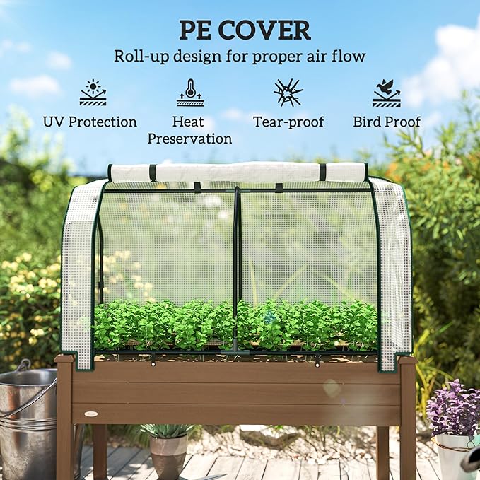 Outsunny Raised Garden Bed with PE Greenhouse Cover Outdoor Elevated Wood Planter Box for Herbs and Vegetables Use for Patio Backyard Balcony 48 x 22 x 46 inch Brown