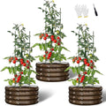 DoCred 3 Pack 2x2x1Ft Round Galvanized Raised Garden Bed Metal Garden Bed Outdoor with Tomato Cages for Gardening Above Ground Planter Box for Plants Vegetables Herbs Flowers Wood Grain