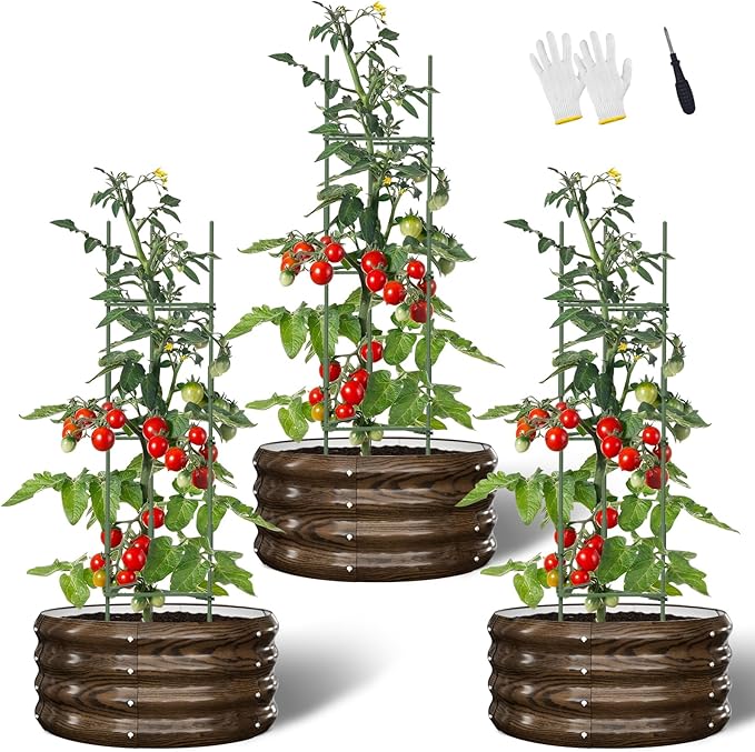 DoCred 3 Pack 2x2x1Ft Round Galvanized Raised Garden Bed Metal Garden Bed Outdoor with Tomato Cages for Gardening Above Ground Planter Box for Plants Vegetables Herbs Flowers Wood Grain