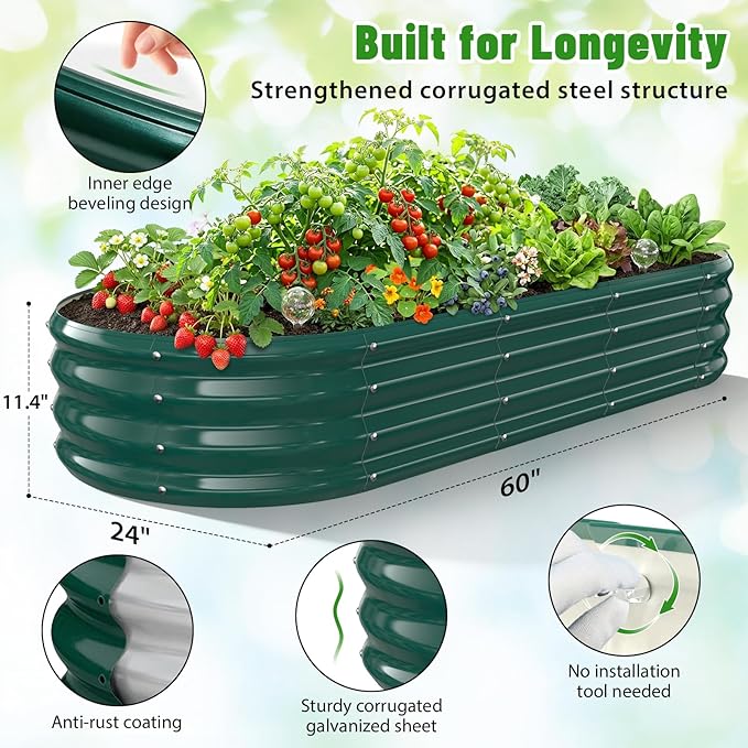 Oval Raised Garden Bed 5 x 2 x 1FT Galvanized Steel Planter Box with Wave-Shaped Metal Panels Painted for Outdoor FlowerTreeHerb &amp Vegetable Garden (Green 60X24X12 inches)