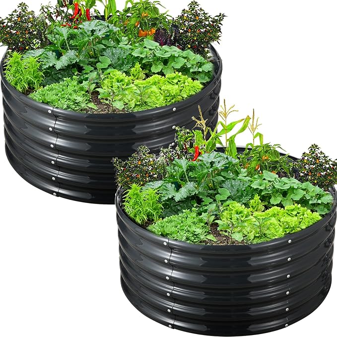 FORTUNO 2 Pcs 17 Tall 4 Ft Round Raised Garden Bed Box Galvanized Metal Outdoor High Flower Bed Steel Patio Ground Planter for Planting Vegetables and Herbs Dark Grey