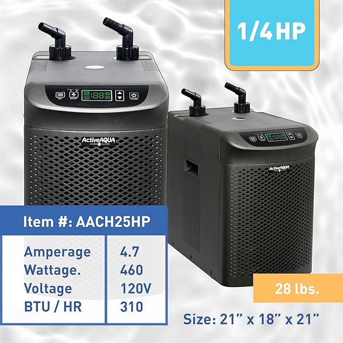 Active Aqua Hydroponic Water Chiller w/ Boost Function 0.25 HP - Adjustable Cooling System for 40-92 Gallon Reservoirs Pure Titanium Evaporator Cooler for Aquaponics Cold Plunge Baths &amp Aquariu
