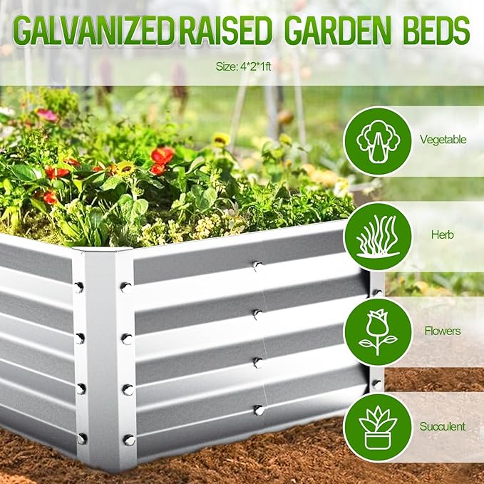 Highpro Galvanized Raised Garden Bed Kit 4×2×1ft Planter Box for Outdoor Gardening and Planting Large Bottomless Metal for Vegetables Herb Fruits Flower Silver