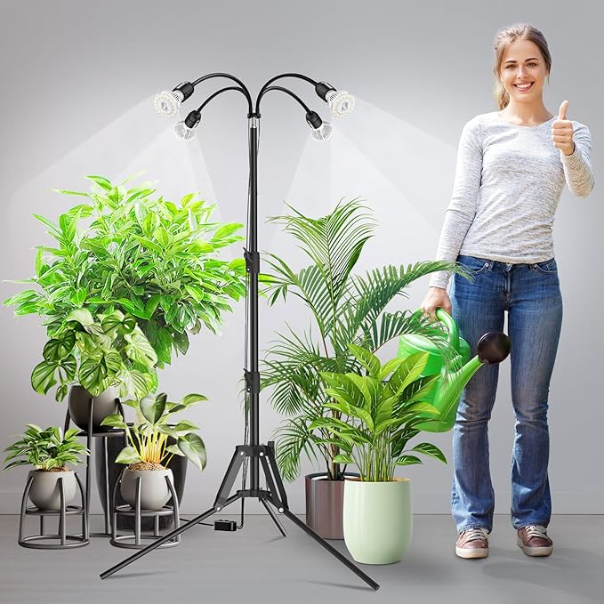 SANSI Grow Lights for Indoor Plants 4 Head Dimmable Plant Lights for Indoor Growing 35-64 Adjustable Tripod LED Grow Light Lamp with Remote Control Auto On/Off Timer 4 Pack of Par20 10W Bulbs