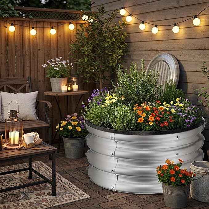 ZXZYHFTY Round Galvanized Raised Garden Bed kitSilver Outdoor Garden Raised Planter Box Round Large Metal Raised Garden Beds for Vegetable 2 * 2 * 1ft 2 Pcs