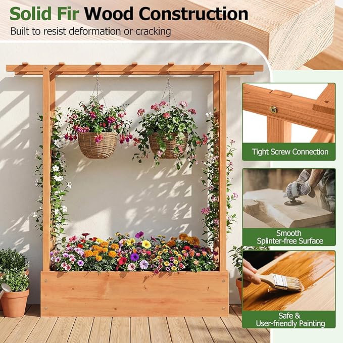 HAPPYGRILL Raised Garden Bed with Trellis &amp Hanging Roof 45 Tall Wooden Planter Box with Drainage Holes Outdoor Wood Elevated Garden Bed for Climbing Plants Vines Vegetables Flowers (Orange2)
