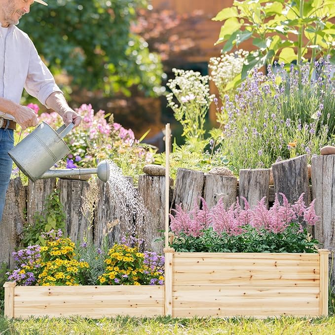 Giantex Raised Garden Bed with Trellis Set of 2 Wood Shallow &amp Deep Planter Box for Climbing Plants Cucumber Vegetables Flowers Herbs Fruits Easy Assembly Outdoor Rectangular Floor Gardening Be