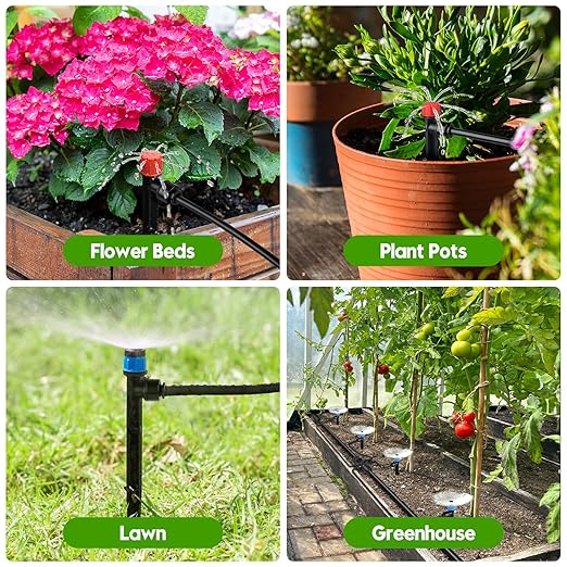 110FT Drip Irrigation System for Garden Quick-Connect Automatic Garden Watering System with 1/2 &amp 1/4 Tubing and Accessories - Adjustable Sprinklers Kit for Greenhouse Yard Lawn Raised Bed