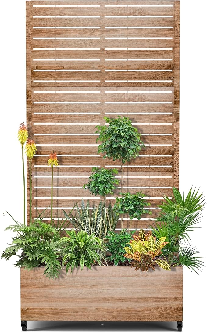 15.7×70.9×35.4 Metal Raised Garden Bed with Trellis and Wheels - Tall Trellis Planter Box for Climbing Plants Vegetables &amp Vines - Outdoor Privacy Planters for Patio (Cut Oak Grain)
