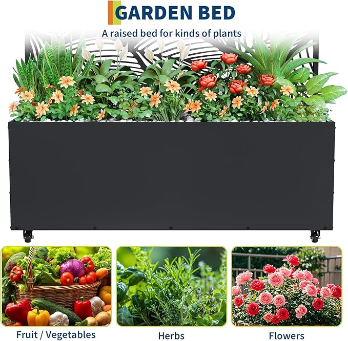 Metal Planter Box with Trellis 47X16X71 Raised Garden Bed w/Wheels Galvanized Metal Privacy Screen for Climbing Plants Vegetables Vines Patio Planters with Drainage Holes 16 Deep Bed