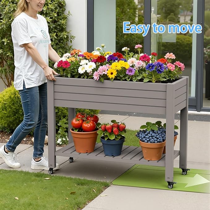 Elevated Raised Garden Bed with Legs 43.31×17.72×33.66 Divisible Resin Planter Box with Lockable Wheels Drain Plug &amp Water Monitor for Plants Vegetables (Grey)