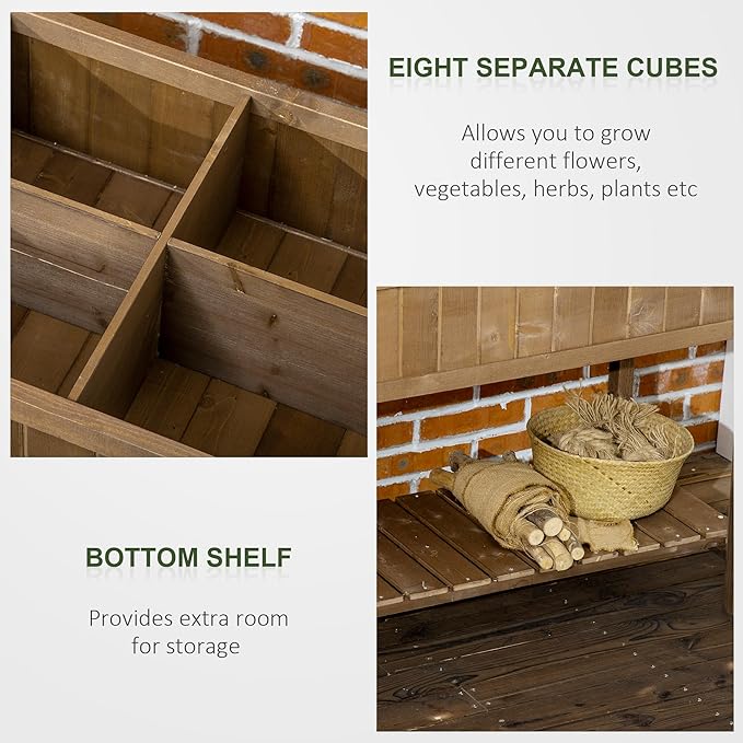 Outsunny 43x18x30in Raised Garden Bed with 8 Pockets and Shelf Wooden Elevated Planter Box with Legs to Grow Herbs Vegetables and Flowers Dark Brown