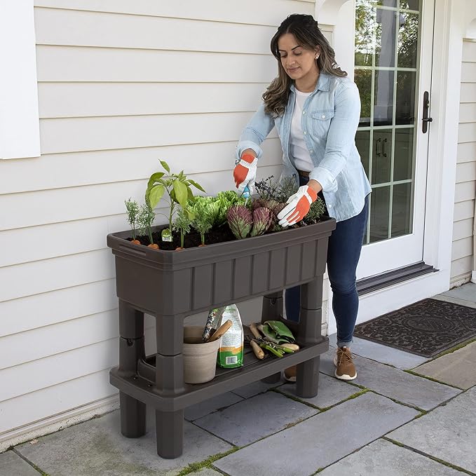 Simplay3 American Home Raised Garden Bed Outdoor Planter with Garden Tools Storage Shelf 36 L x 30 H Garden Bed Dark Brown