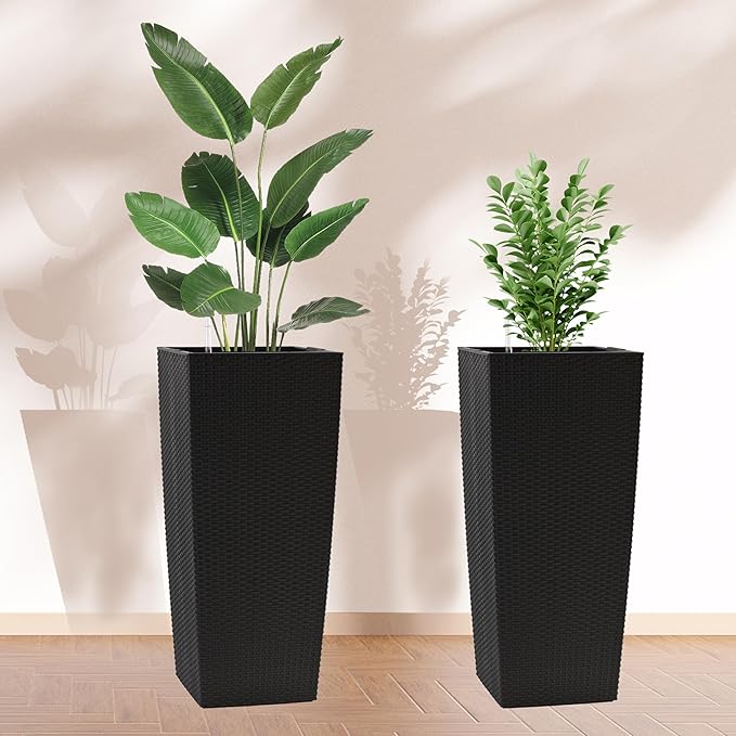 IndoorOutdoor Faux Rattan Square Planter 30 Inch Black Plastic Large Planter with Automatic Watering System for Home and G(Black 30 Inch 1)