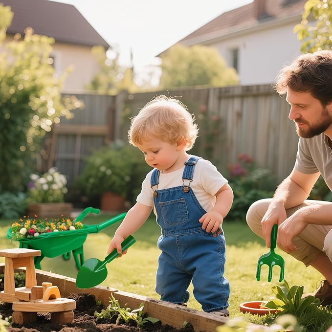 Duckura Kids Wheelbarrow Set - Gardening Tools for Kids with Shovel Rake Trowel Outdoor Yard Lawn Digging Weed Toys Easter Birthday Gifts for Boys Girls Age 2 3+Years Old(Green B)