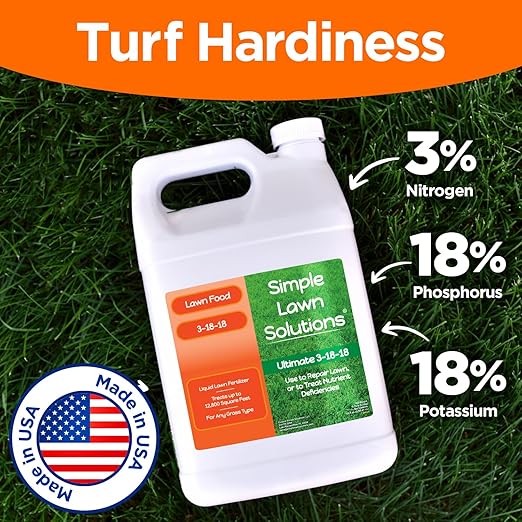 Ultimate 3-18-18 Lawn Food Liquid Fertilizer- Easy to Use Concentrated Spray- Any Grass Type- Summer &amp Fall - Simple Lawn Solutions- Turf Hardiness &amp Root Vigor- Phosphorus and Potassium (1 Ga