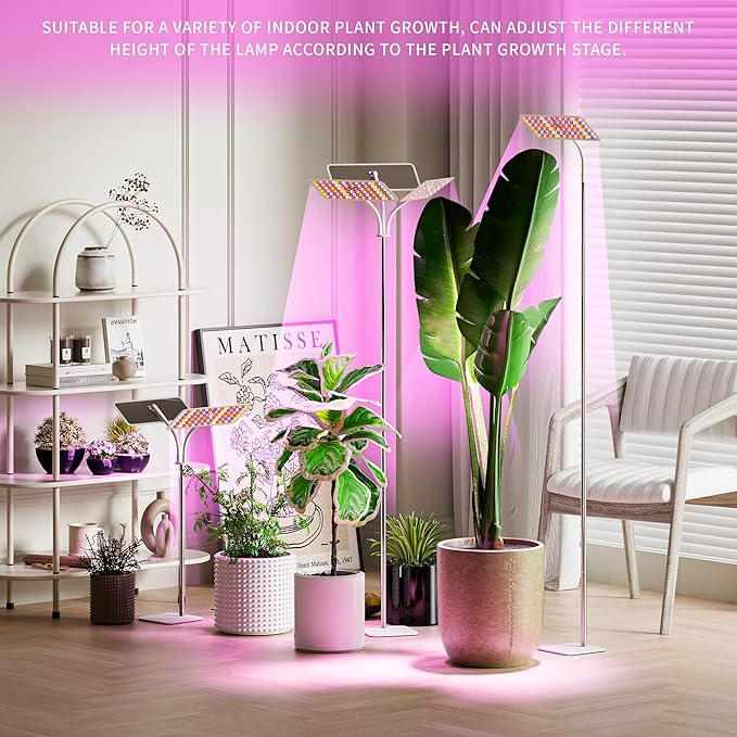 KINGPLUS Grow Lights with Stand Double Head Full Spectrum LED Grow Light for Indoor Plants 240 Leds 4 Dimmable Levels Timer 4/8/12h 12-60inches Height Adjustable 36w Ideal for Desk Small Plant