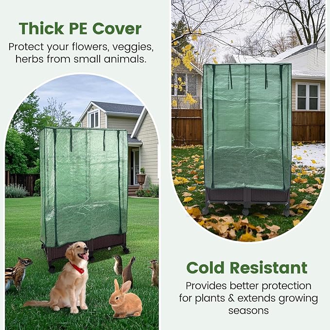 MAYOLIAH 3-in-1 Raised Garden Bed Large Planter Box with Trellis &amp Cover on Wheels Plastic Tomato Planter with Greenhouse for Deep Rooted &amp Climbing Plants 31.5x15.7x53-inch Brown