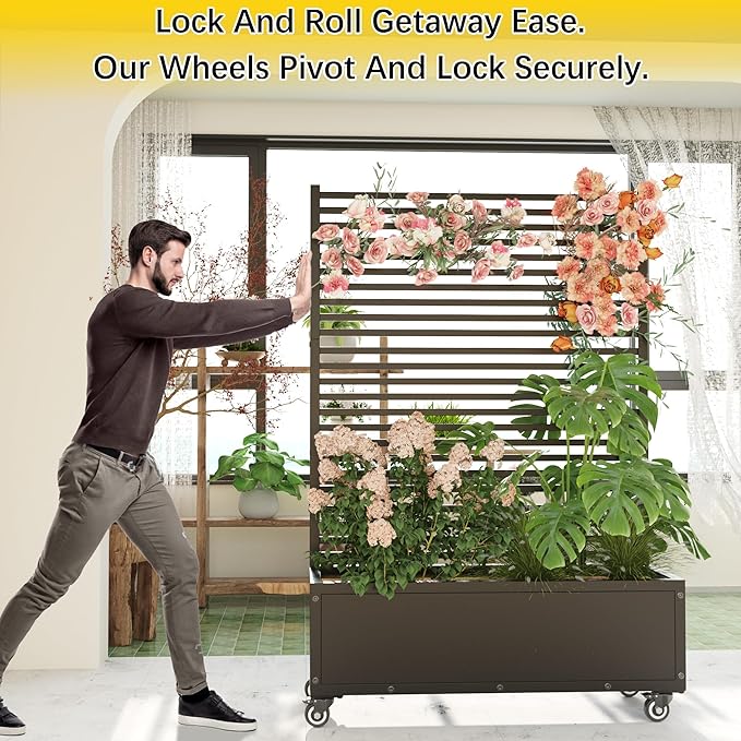 YOHKOH Metal Planter Box with Trellis 4 Wheels (2 Lockable) 13 Deep Raised Garden Bed with Trellis and Privacy Screen 47.2W x 14.7D x 70.3H Planter Box for Climbing Plants Patio Garden Black
