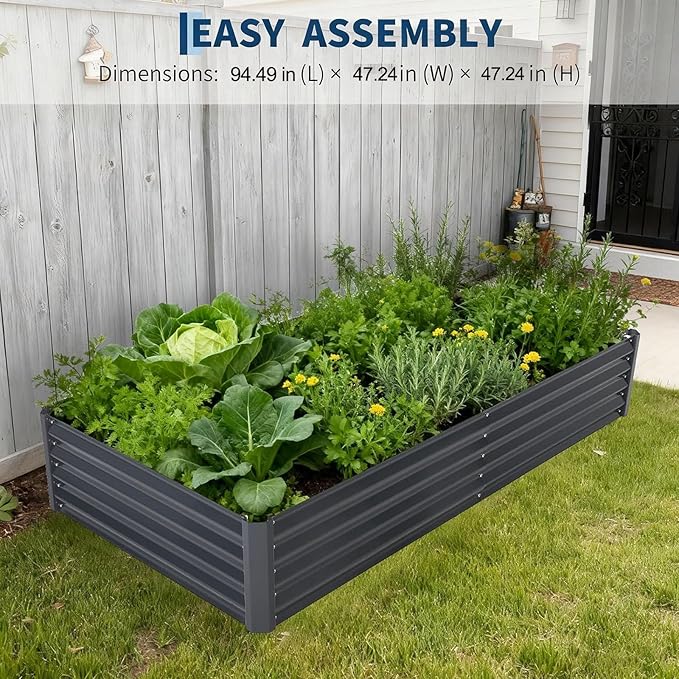 Raised Garden Bed with Cover 8x4x1 Ft Outdoor Galvanized Metal Planter Box with 2 Screen Windows Mini Greenhouse for Vegetables and Flowers Clear Top Cover