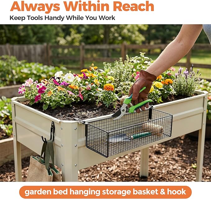Metal Raised Garden Bed Hanging Storage Basket Includes Hooks 15.6 x 5.8 x 3.8in Flower Bed Clip-On Hanging Organizer Basket for Raised Garden Beds Kit for Gardening Tools &amp Supplies