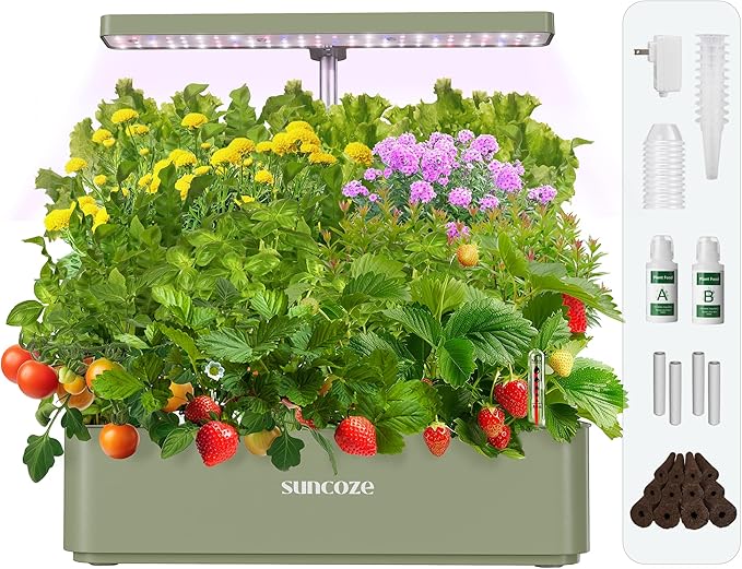 SUNCOZE Hydroponics Growing System Kit 12 Pods 24W LED Grow Light Indoor Garden 4L Water Tank with Quiet Pump Adjustable Height Herb Garden Planter Indoor Kit Gardening Gifts Green