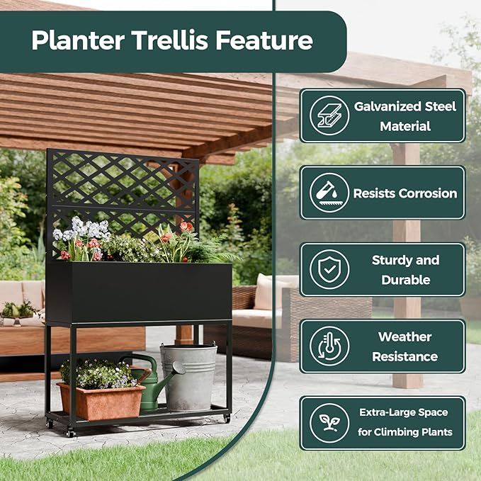 Metal Planter Box Multi-Functional &amp Easy to Assemble 55 H x 35 W Raised Garden Bed for Climbing Plants Elevated Standing Garden Planter with Drainage Holes for Outdoor Patio