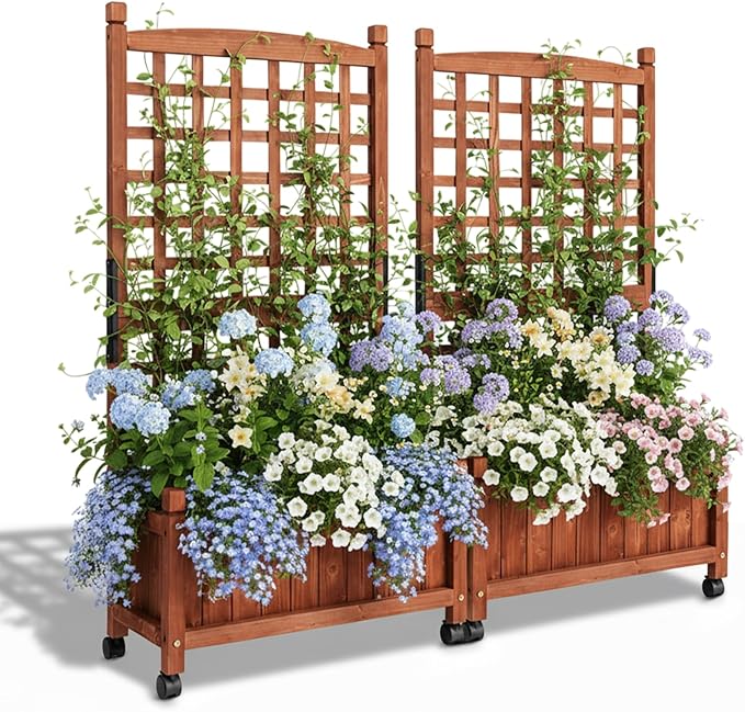 VINGLI 2PC Wooden Planter with Trellis 50 Height Elevated Garden Beds Outdoor with Wheels FreeStanding Planter Box with Drainage Holes for Flower Vegetable Fruit Herb in Garden Patio Balcony