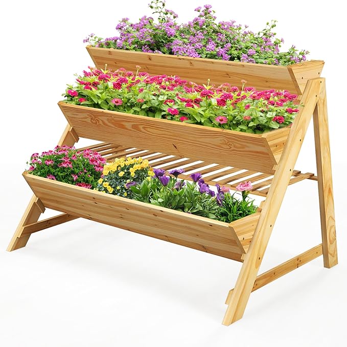 3-Tier Raised Garden Bed Elevated Gardening Bed w/2 Side Hooks Storage Shelf Bed Liner Garden Planter for Flowers Vegetables Herbs Pine Wood Planter Box for Patio Balcony Porch