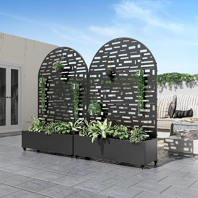 Casaphoria Metal Raised Garden Bed with Trellis and Wheels 72x47x16 Arched Planter Box for Climbing Plants Vegetables &amp Vines Features Drainage Holes and Privacy Screen (Black-Gerald)
