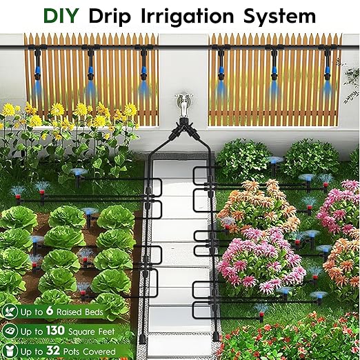 200FT Quick-Connect Drip Irrigation System Automatic Irrigation Kit with 2/5 &amp 1/4 Tubing and Adjustable Drip Emitters Garden Watering System for Lawn Flower Bed Greenhouse