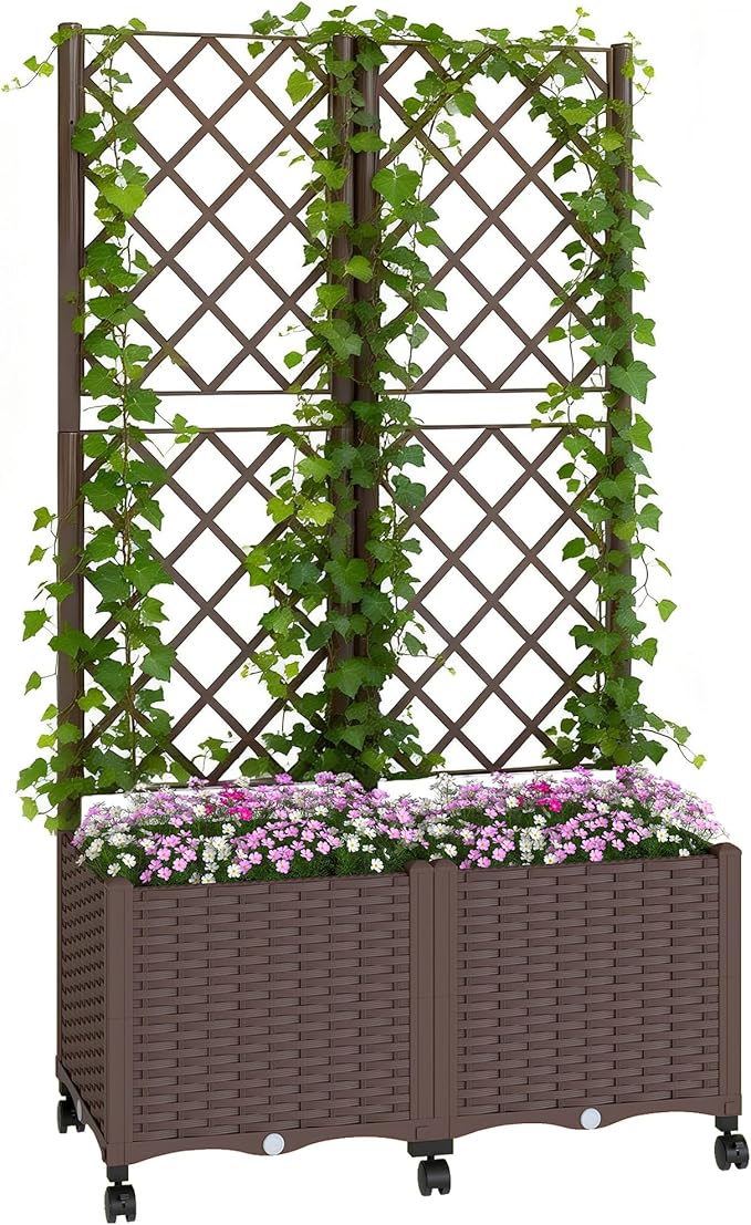 Outsunny Planter Box with Trellis Self Watering Raised Garden Bed with Lockable Wheels 56.3 Trellis Privacy Planter with Drainage Holes for Climbing Plants Vines Vegetables Flowers Brown