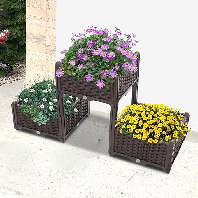 3 Packs Elevated Plastic Raised Garden Bed Planter Kit Flower Vegetable Standing Planter Box for Indoor Outdoor Balconies Gardens Decks Patios Decks Front W/Drainage Holes
