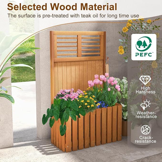 HAPPYGRILL Raised Garden Bed Wooden Planter w/Trellis &amp Privacy Screen for Hanging Pot Plants Outdoor Elevated Planter Box w/Slatted Bottom &amp 2 Side Hooks for Balcony Patio Garden (2)