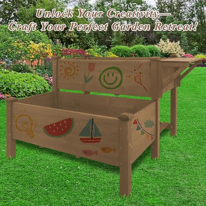 2-Tier Raised Garden Bed with Legs Outdoor Elevated Garden BoxStorage ShelfProtective Liner for BackyardPatioBalcony55x42x30in (Brown)
