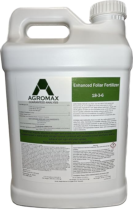 18-3-6 Enhanced Foliar Fertilizer – Fast-Acting Nitrogen Formula with Seaweed Extract &amp Fulvic Acid – Professional Liquid Turf Nutrient for Rapid Green-Up &amp Root Strength – 2.5 Gallon Jug