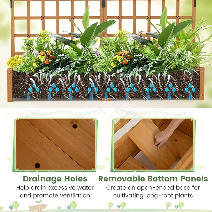 Large Raised Garden Bed with Trellis 72 Wood Planter w/Lattice Panels Hanging Roofs &amp Drainage Holes Freestanding Planter Box for Climbing Plant Flower Vine Outdoor Yard Balcony Porch