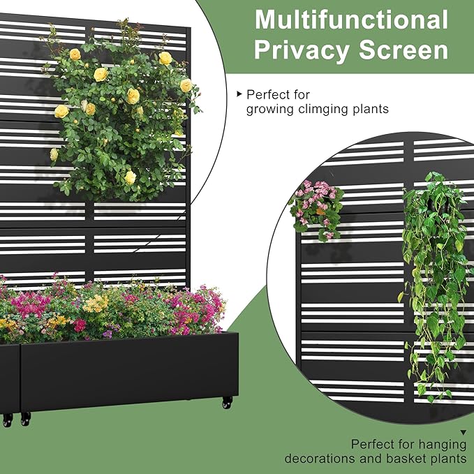 Casaphoria Metal Raised Garden Bed with Trellis and Wheels 72x47x16 Planter Box for Climbing Plants Vegetables &amp Vines Features Drainage Holes and Privacy Screen (Black-Harold)