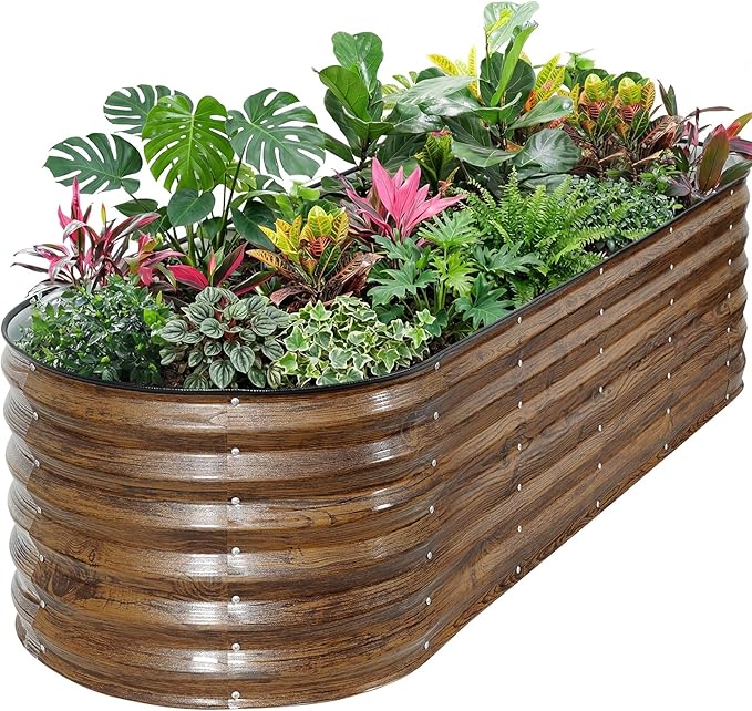 ZORMY Galvanized Raised Garden Bed Outdoor- 6x2x1.4ft Oval Steel Raised Beds for Gardening Metal Planter Box with Protective Strip and Gloves for Vegetables Flowers Fruits (Brown)