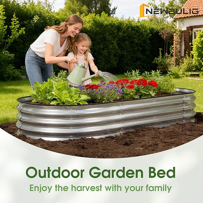 NEWBULIG Heavy-Duty Galvanized Oval Raised Garden Bed for Outdoor Metal Planter Box with Open Base Easy Assembly with Safe Edges for Vegetables/Flowers/Herbs